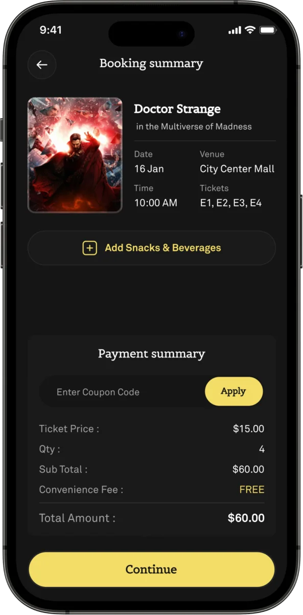 booking summary screen