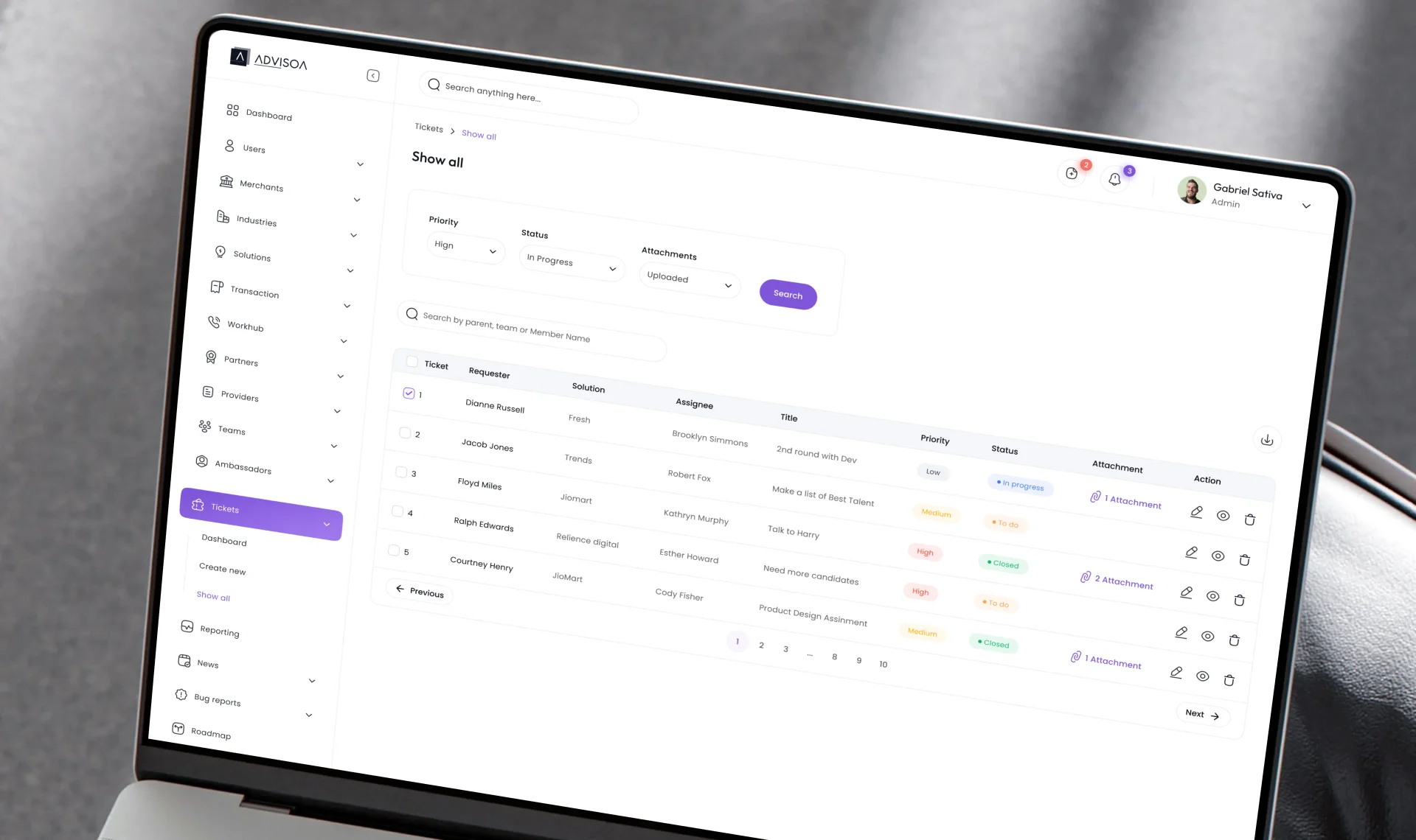 tickets tab of admin panel