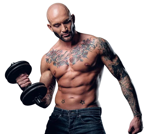 Fitness hero with dumbbell